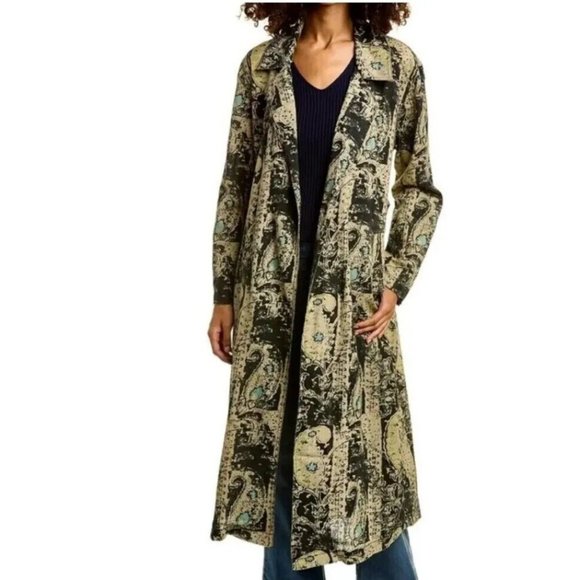 Free People Printed Maxi Duster Women's Oversize Medium Pockets Black/Tan New - Picture 1 of 13